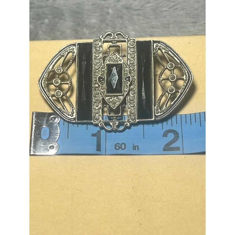 Vintage Art Deco Black Glass Marcasite Style Brooch Pin Silver Tone 2 Inch